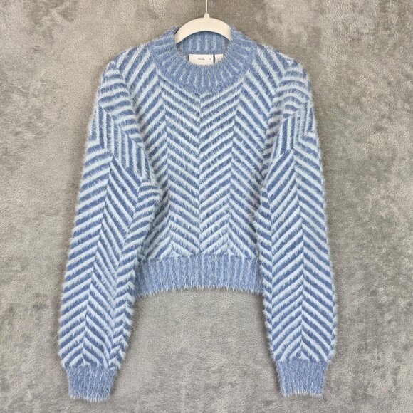 C/MEO Collective Sweater Womens XS Blue White Chevron Fuzzy Crewneck Cropped - Picture 1 of 10